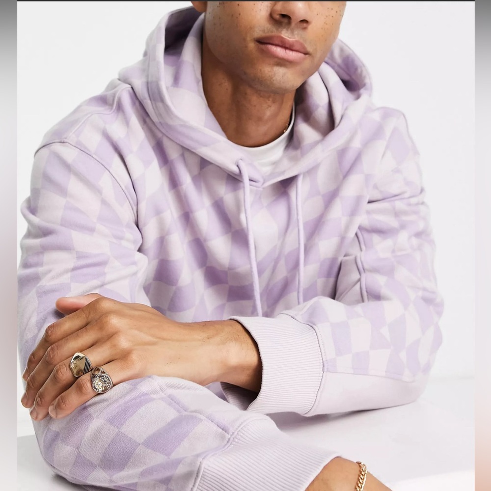 New Topman co-ord checkerboard all over print hoodie in lilac size M